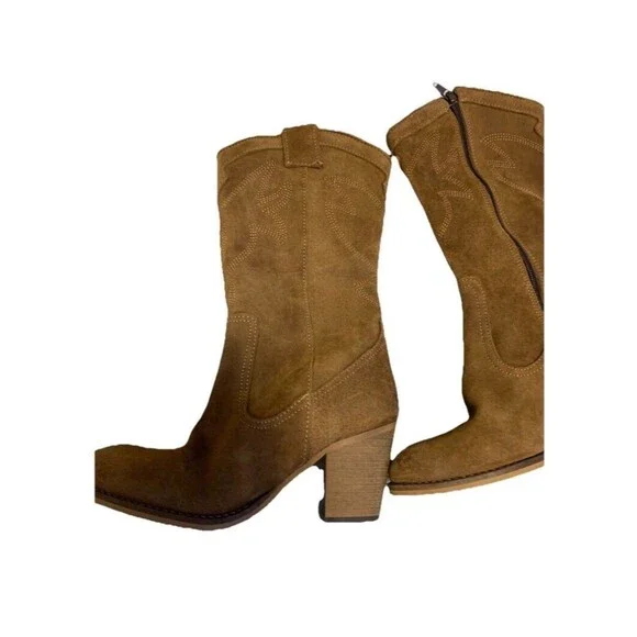 Poelman Suede Western Boots Womens 6.5 Brown Heeled Ankle/Mid Boot Made Portugal - Picture 2 of 5